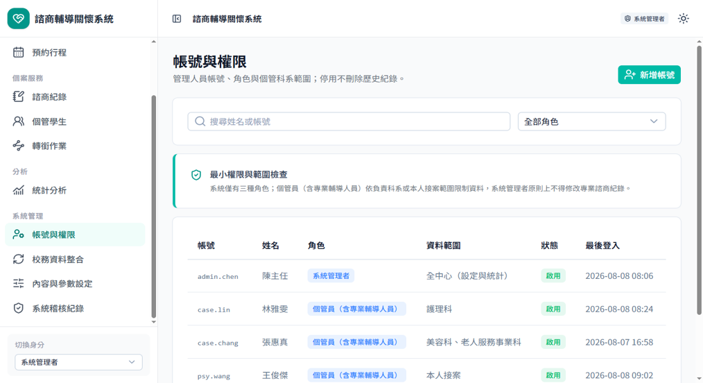 諮商輔導關懷系統轉銜作業畫面